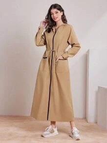 Mulvari Women's Drawstring Waist Zipper Front Hooded Dress - Coffee Brown - View 2