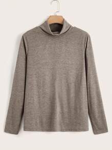 SHEIN LUNE Plus Size High Neck Long Sleeve T-Shirt - Coffee Brown - View 1