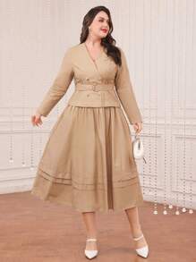 Modelyn Plus Size Casual Solid Color Dress Long Evening Dresses - Khaki - View 5