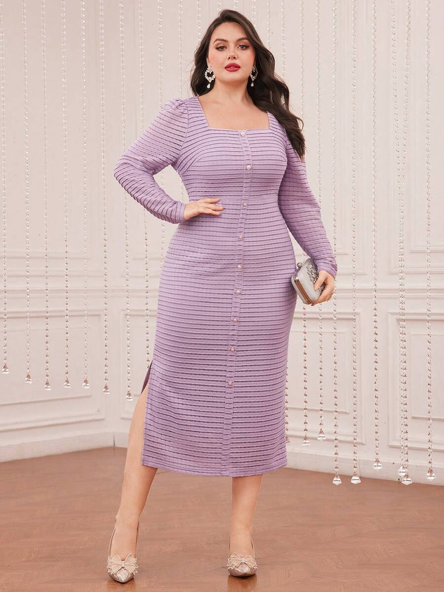 Modelyn 大尺碼女式方領側開衩連身裙 - 紫色 - 查看 1