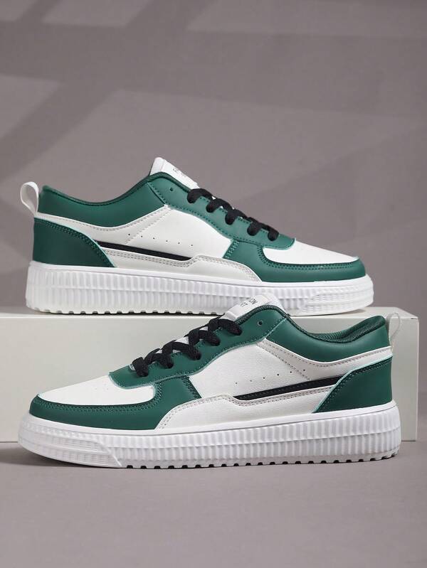 Men'S Colorblock Casual Sneakers, Lace Up Soft Sole Flat Comfortable Skate Shoes For Men