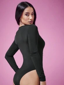 SHEIN BAE Ngày lễ tình nhân Gợi cảm Chặt Đan Xu hướng: Cắt giảm Áo liền quần chặt Với Tay áo dài - màu đen - Xem 3