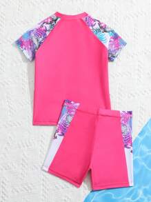 年輕少女熱帶字母印花短袖上衣和短褲泳裝套裝 - 彩色 - 查看 2