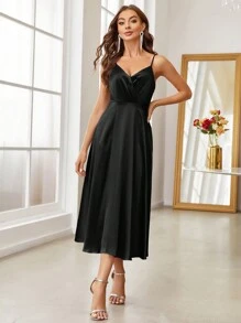 SHEIN Belle Women's Solid Color Spaghetti Strap Dress, Semi Formal Dress - Black - View 3