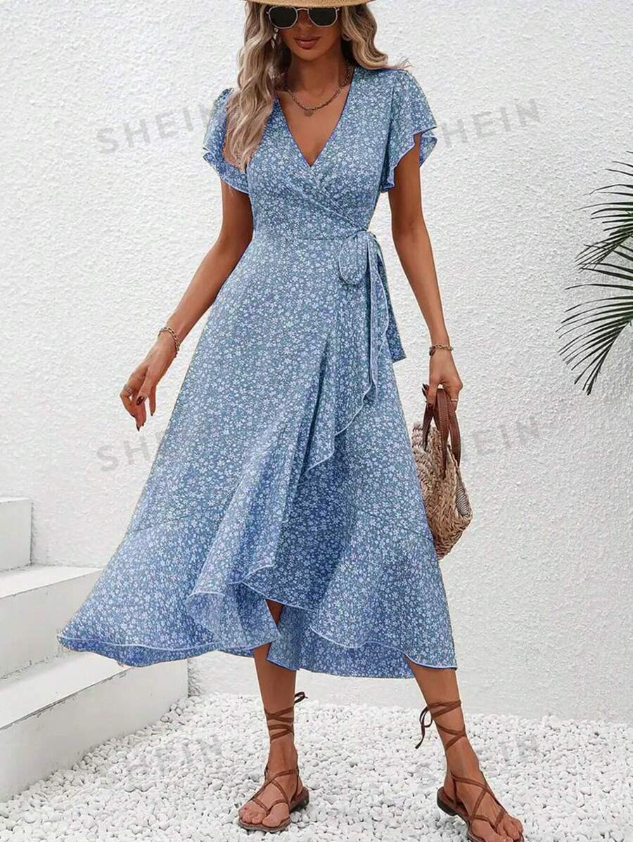 Breezaya Vestido Cruzado Anudado Con Mangas Con Volantes Y Estampado Floral - Azul - Ver 1