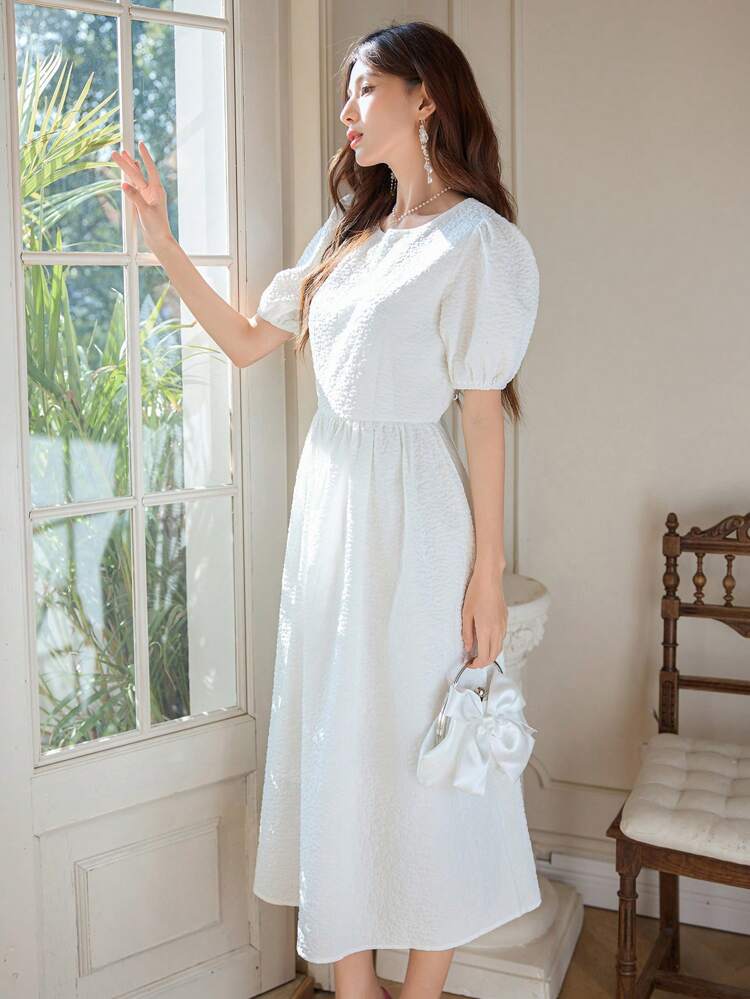 Women'S Round Neck Short Puff Sleeve Dress Sundress,Casual Women Dresses