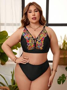 SHEIN Swim Curve Bộ bikini thêu hoa cỡ lớn dành cho nữ Carnival Bãi biển mùa hè - Nhiều màu - Xem 3