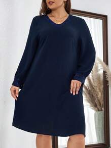 EMERY ROSE 大尺碼女款 V 領長袖直筒連身裙 - 寶藍色 - 查看 1