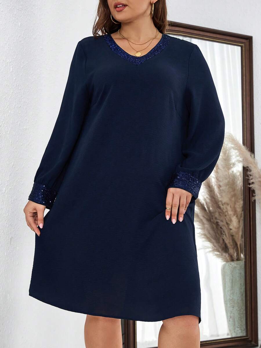 EMERY ROSE 大尺碼女款 V 領長袖直筒連身裙 - 寶藍色 - 查看 1