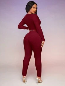 SHEIN SXY 女式正面打結短上衣和緊身褲套裝