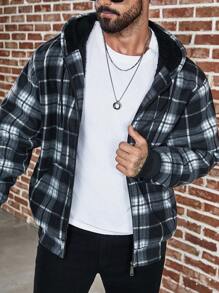 Áo khoác nam cỡ lớn kẻ caro có mũ lót nhiệt có dây rút - Đen và trắng - Xem 6