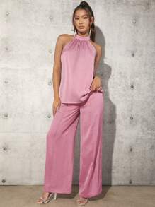 SHEIN Tall Women's Pleated Halter Top - Pink - View 7