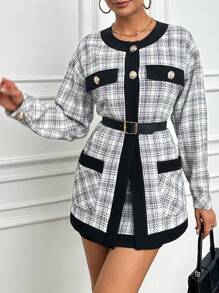 RueChic Plaid Edge Trimmed Jacket And Skirt Set - Black and White - View 1