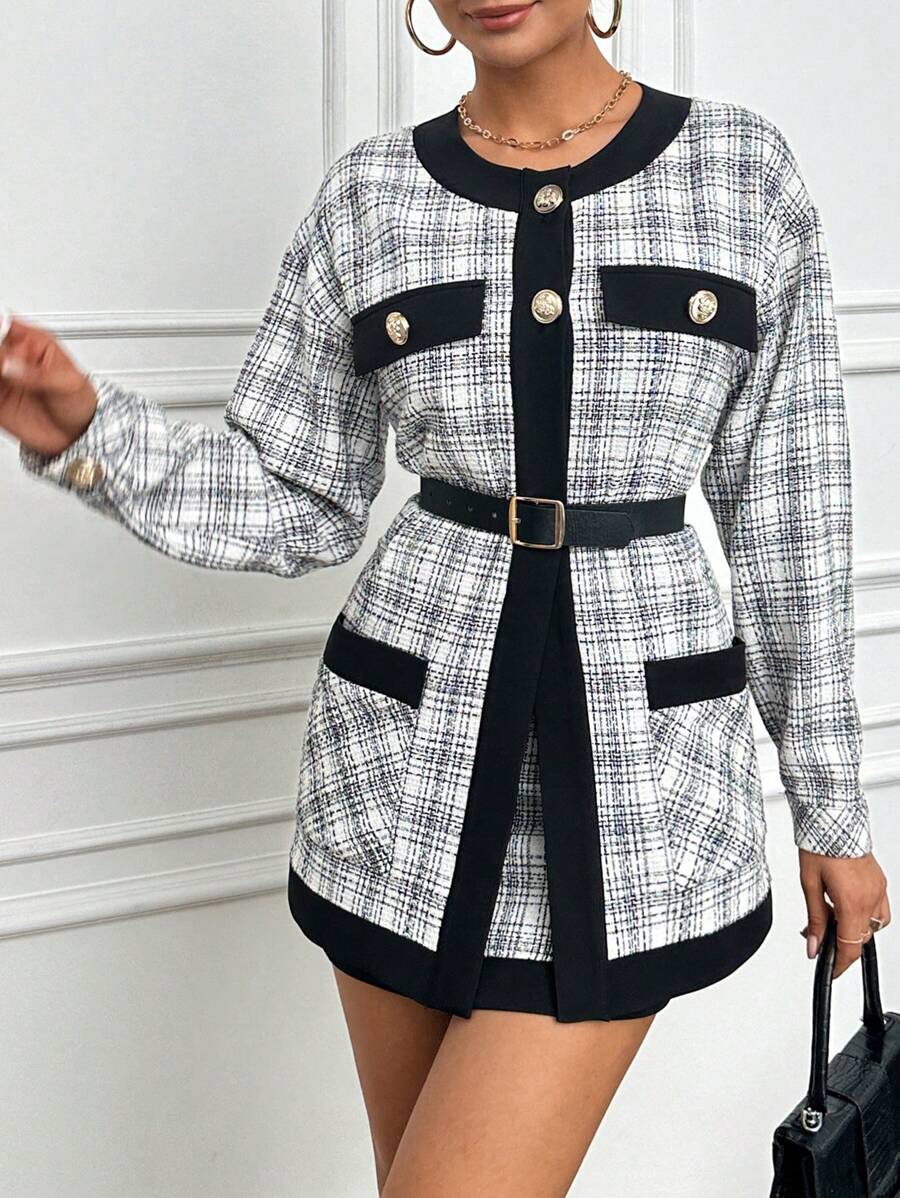 RueChic Plaid Edge Trimmed Jacket And Skirt Set - Black and White - View 1