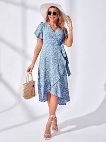 Breezaya Floral Print Ruffle Sleeves Knotted Side Wrap Dress