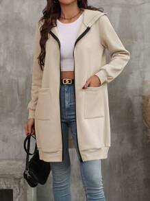 EMERY ROSE Women's Solid Color Zipper Front Hoodie With Double Pockets - Apricot - View 3