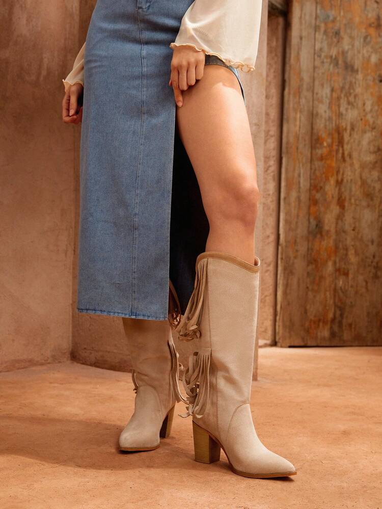 Fashion Women's Pointed Toe Chunky Heel Long Boots With Tassels