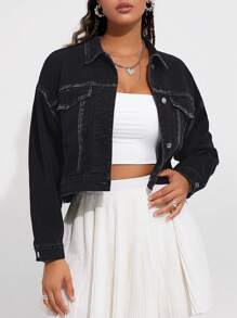 SHEIN EZwear 女裝落肩長袖牛仔外套 - 黑色 - 查看 5