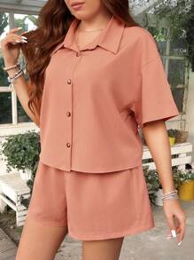 SHEIN MOOSTA 大尺碼女款純色紋理落肩襯衫與短褲套裝 - 珊瑚橙 - 查看 6