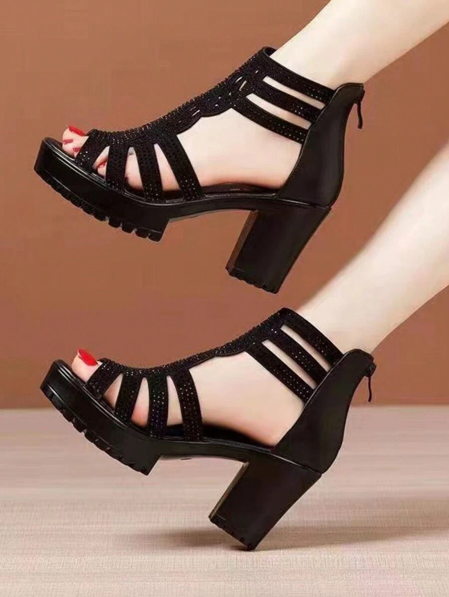 女士高跟凉鞋露趾凉鞋女式高跟鞋粗跟水钻时尚百搭大码罗马凉鞋女式凉鞋靴子 - 黑色 - 查看 1