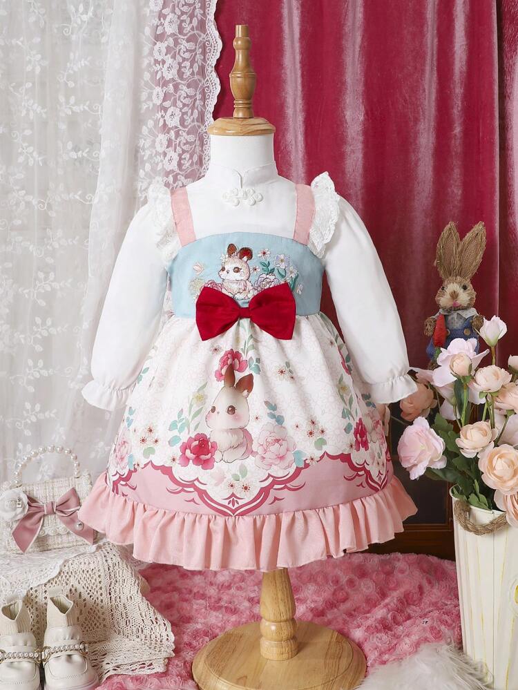 Baby Girl Rabbit Print Button-Up Princess Dress