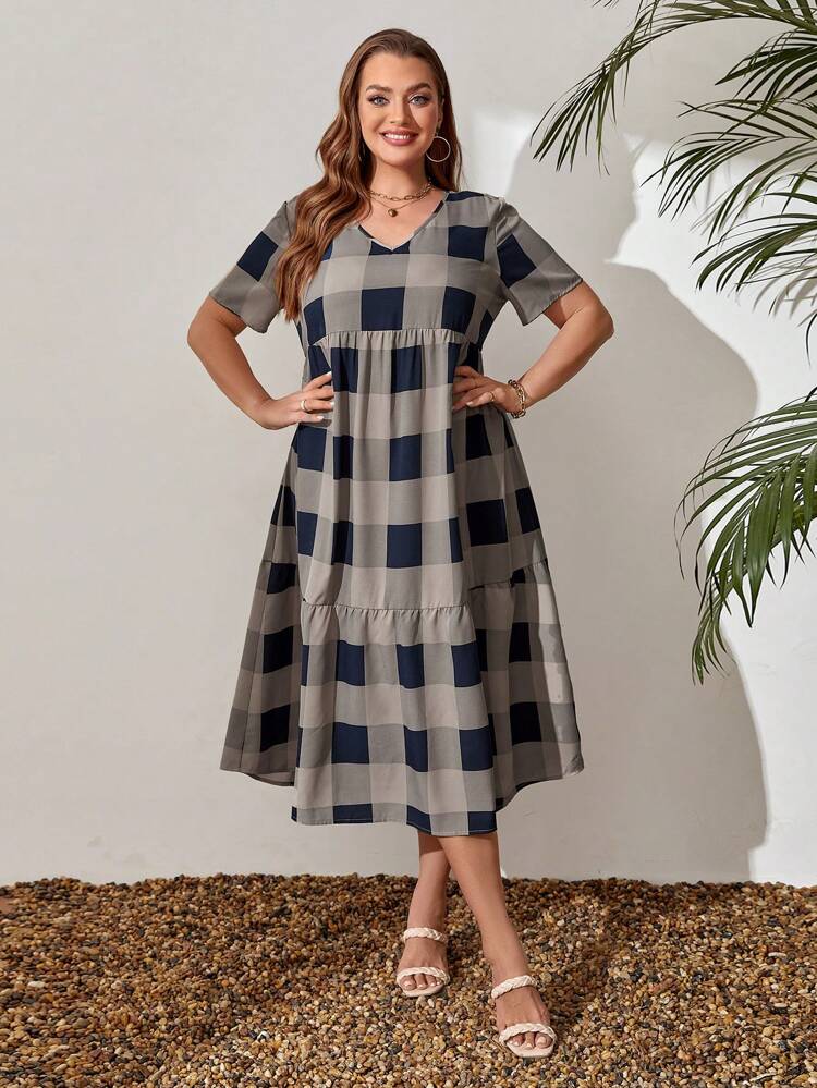 Vestido De Verão Xadrez Gingham Com Babado De Borda Para Mulheres Tamanho Grande