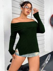 Flirla Plus Size Off-Shoulder Sweater With Side Split Design Knit Pullover Fall Winter - Green - View 7