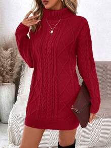 SHEIN LUNE 純色高領毛衣連身裙 - 紅色 - 查看 3