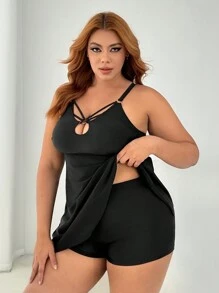 SHEIN Swim Curve Conjunto de tankini de talla grande con decoración de anillos y tirantes de espagueti para festival de música de verano - Negro - Ver 4