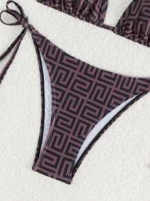 Swim Chiccia Summer Beach Women's Geometric Printed Triangle Halter Bra & Swim Bottom Bikini Set Bathing Suit - Multicolor - View 3