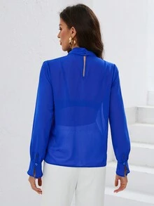 Aveloria 女性純色打結前綁帶休閒上衣 - 藍色 - 查看 2