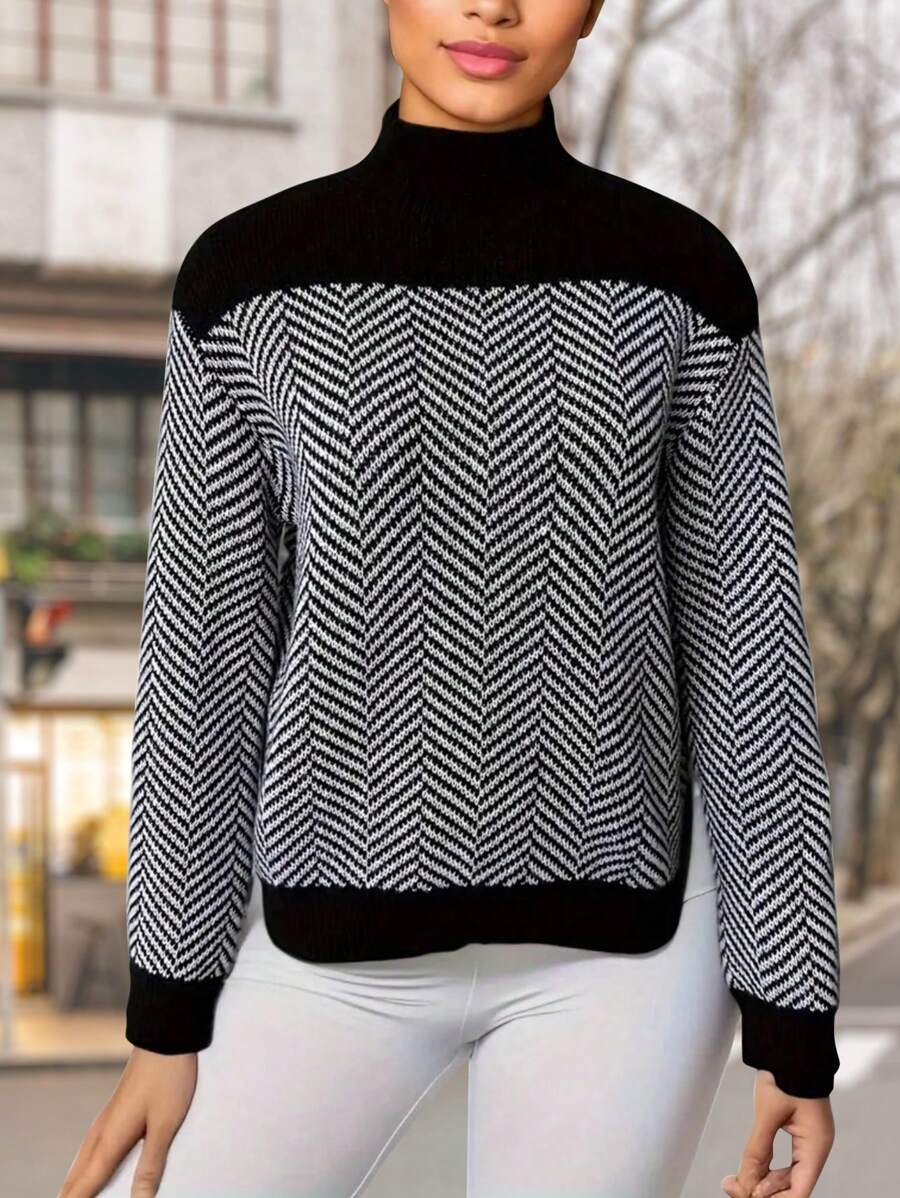 EMERY ROSE Women's Stand Collar Herringbone Pullover Sweater