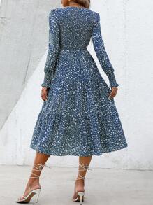 EMERY ROSE 碎花灯笼袖荷叶边下摆连衣裙（不带腰带）女式长款秋季连衣裙 - 藍色 - 查看 2