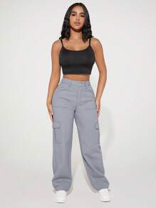 SHEIN PETITE Pantalones De Carga De Mezclilla De Color Sólido - Albaricoque - Ver 5