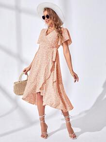 SHEIN VCAY Vestido Cruzado Anudado Con Mangas Con Volantes Y Estampado Floral - Amarillo - Ver 6