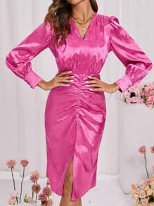 SHEIN Clasi Của phụ nữ Màu thuần Dệt hoa Xếp li Đầm - Màu Hồng Tươi - Xem 1