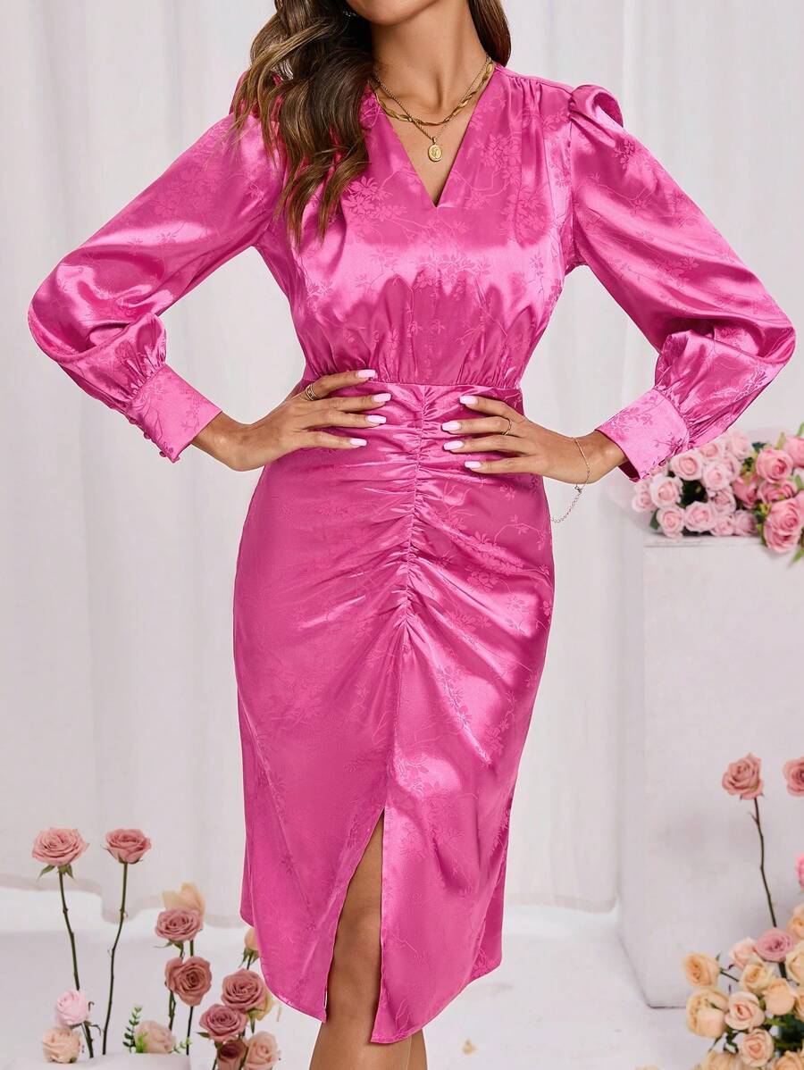 SHEIN Clasi Của phụ nữ Màu thuần Dệt hoa Xếp li Đầm - Màu Hồng Tươi - Xem 1