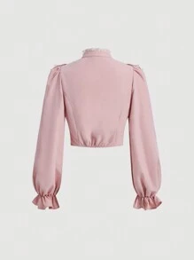 SHEIN MOD 蕾絲嵌片&荷葉邊下擺裝飾襯衫 - 粉色 - 查看 2