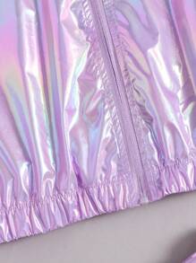 Teen Girls' Laser Reflective Zipper Front Hooded Top And Shorts Set - Violet Purple - View 5