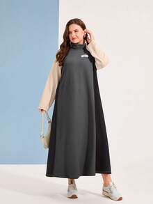 Mulvari Kích thước lớn Màu sắc Chặn Ống cổ Raglan Tay áo dài Đầm - Màu xám đen - Xem 3