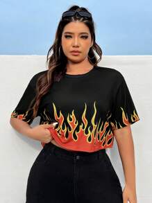 Coolane Plus Size Casual Contrast Color Flame Print Cropped Summer T-Shirt - Multicolor - View 3