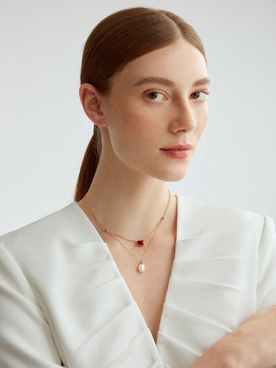 LAYERED GOLD PLATED NATURAL FAUX PEARL NECKLACE & RED RHINESTONE DETAILING SET