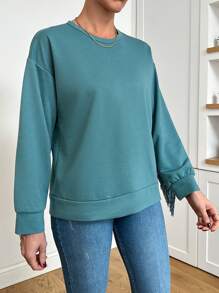 SHEIN Cottnline 女式純色流蘇修身掉肩運動衫 - 青碧色 - 查看 3
