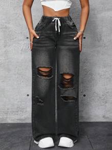 SHEIN Women's Distressed Drawstring Waist Denim Pants - Grey - View 2