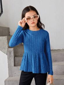 SHEIN Tween 女童休闲圆领娃娃装长袖 T 恤 - 寶藍色 - 查看 1