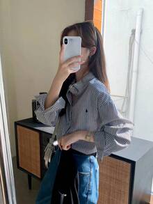 条纹刺绣兔子休闲长袖衬衫，女士衬衫，春季 - 黑色 - 查看 3