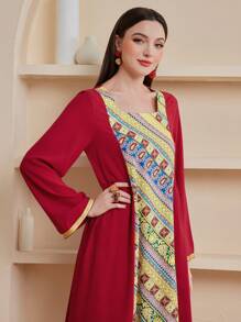 Al Najma Women's Embroidered Patchwork Square Neck Dress Kaftan Jalabiya Dress - Red - View 4