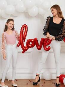 Girls' Knitted Contrast Mesh Butterfly & Flower Laser Cut Lantern Sleeve T-Shirt, Mommy And Me Matching Outfits (The Set Is Sold Separately In 3 Pieces) - Pink - View 6