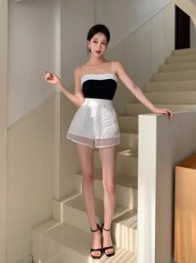 EastFlair New Chinese Style Textured Contrast Mesh Button Decoration Women's Shorts - White - View 3