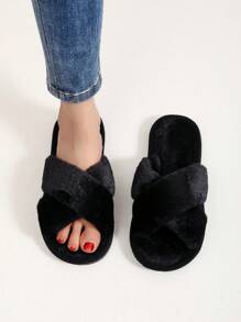 Fall/Winter New Style Crossed Strap Fluffy Women's Indoor Slippers, Fashionable And Simple, Quiet And Soft Home Slippers